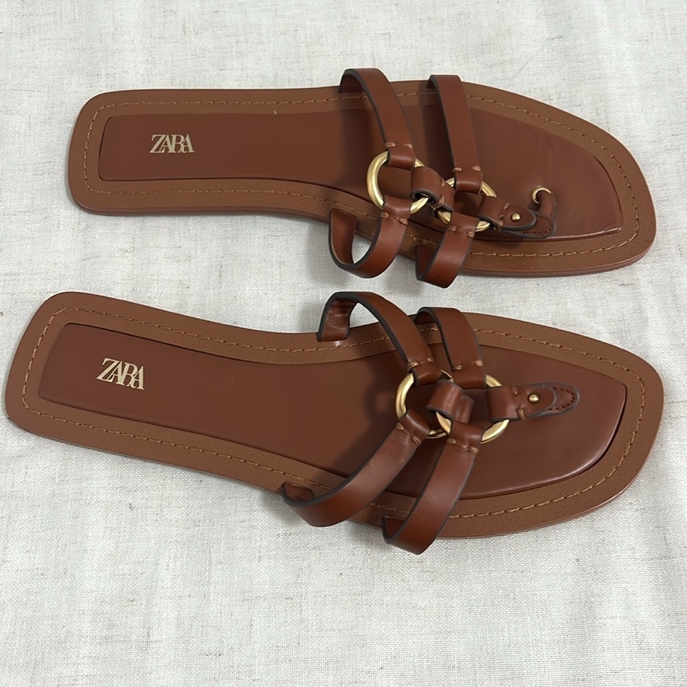 Zara Women’s Leather Sandals with Embellished Medal Details Brown size 42 US 11 - Picture 4 of 10